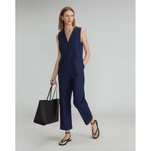 Everlane The Structure Cotton Jumpsuit Navy V-Neck Sleeveless Straight Leg Sz 4